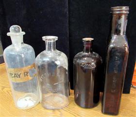 VTG LOT OF 4 GLASS BROWN & CLEAR MEDICINE BOTTLES